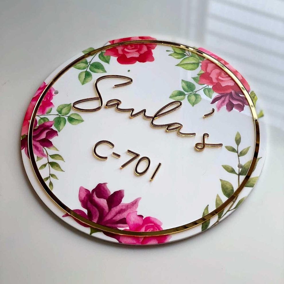 Floral Round Name Plate (Red Rose)
