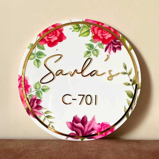 Floral Round Name Plate (Red Rose)